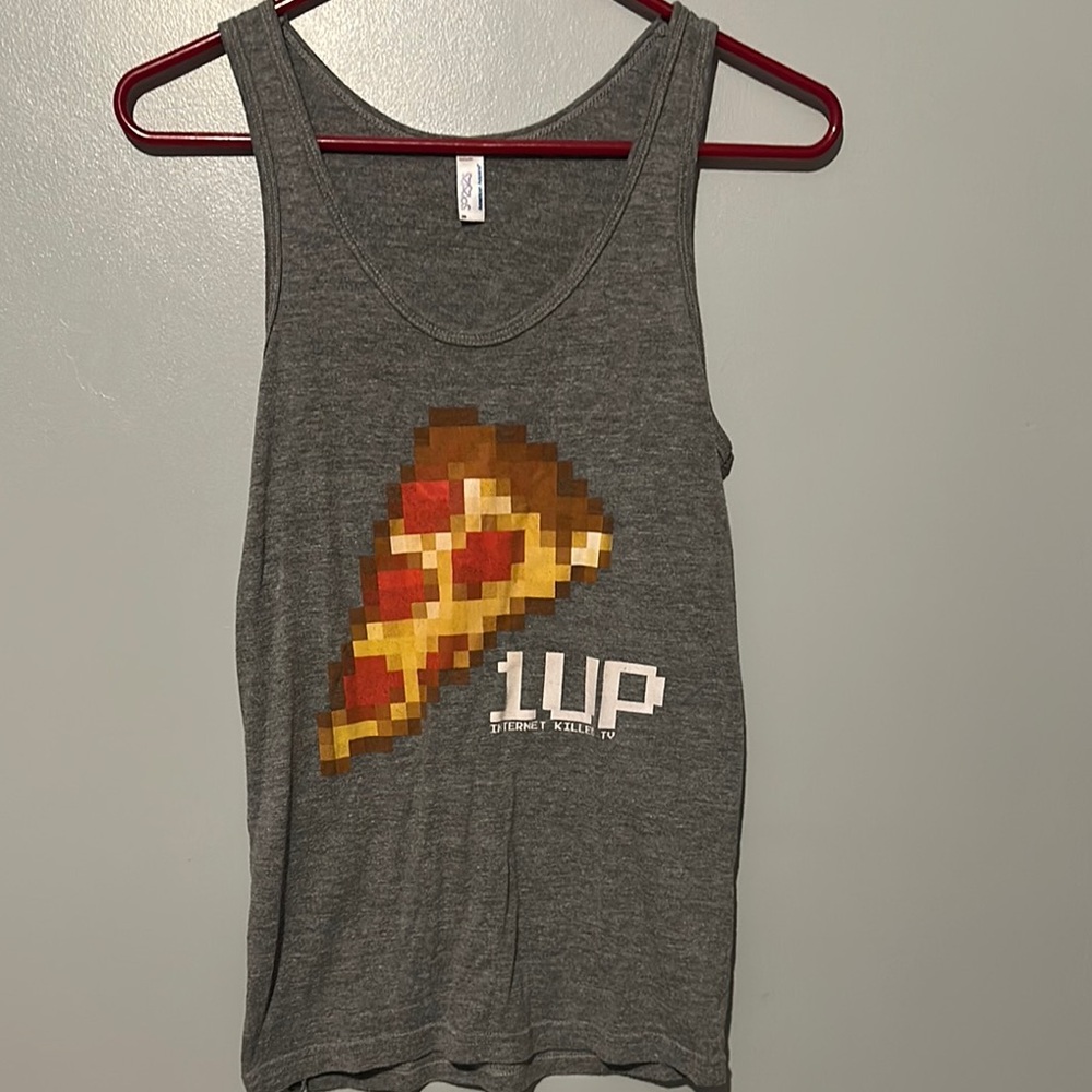 Charles Trippy Internet killed TV Gray Tank Top with Pixelated Pizza Design
